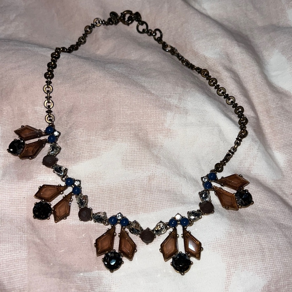 J.Crew Purple Blue Crystal Stone Statement Necklace Gold Tone Brass
